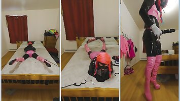 Self Bondage in PVC Catsuit,Boots, Bra and Panties locked in chastity gagged